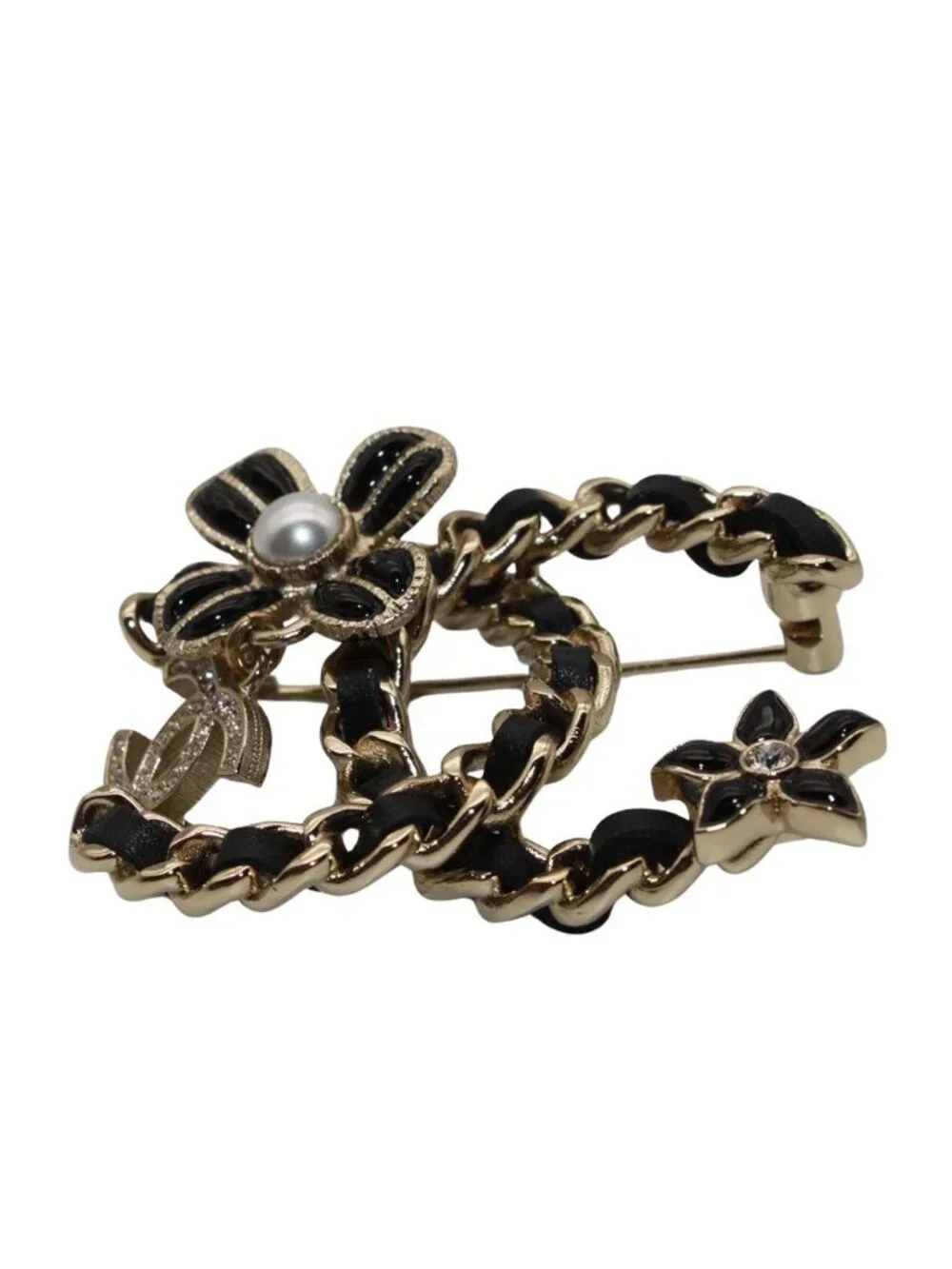Chanel Brooch Metal Rhinestone CC Logo Black Gold Pearl Flower
